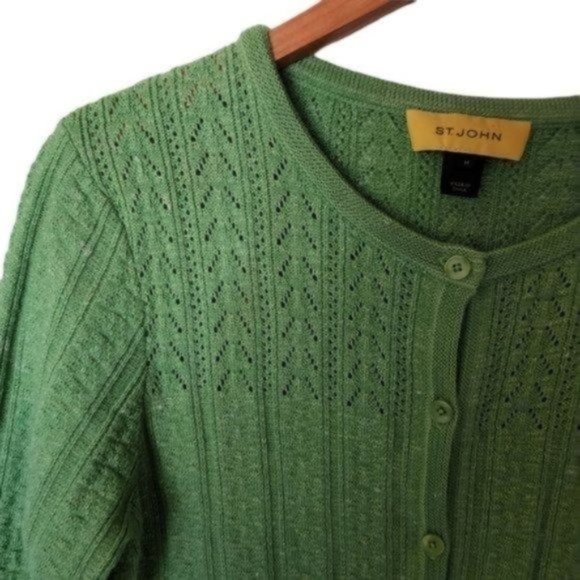 St. John Green Cable Knit Cardigan Sweater size M Medium Wool Blend - Picture 3 of 12